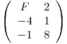 \[ \left( \begin{array}{cc}F & 2 \-4 & 1 \-1 & 8 \end{array} \right)\]