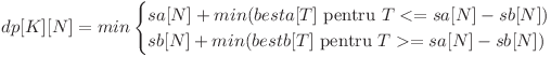 
dp[K][N] = min \begin{cases} sa[N] + min(besta[T] \mbox{ pentru } T <= sa[N] - sb[N]) \ sb[N] + min(bestb[T] \mbox{ pentru } T >= sa[N] - sb[N])\end{cases}
