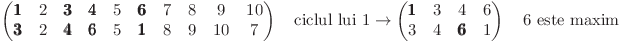 \left(\begin{matrix}
    \pmb{1} & 2 & \pmb{3} & \pmb{4} & 5 & \pmb{6} & 7 & 8 &  9 & 10 \\
    \pmb{3} & 2 & \pmb{4} & \pmb{6} & 5 & \pmb{1} & 8 & 9 & 10 &  7
\end{matrix}\right)
\quad \text{ciclul lui 1} \rightarrow
\left(\begin{matrix}
    \pmb{1} & 3 &      4  & 6 \\
         3  & 4 & \pmb{6} & 1
\end{matrix}\right)
\quad \text{6 este maxim}
