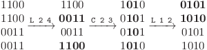 
\begin{matrix} 1100 \\ 1100 \\ 0011 \\ 0011 \end{matrix} \xrightarrow{\texttt{L 2 4}}
\begin{matrix} 1100 \\ \textbf{0011} \\ 0011 \\ \textbf{1100} \end{matrix} \xrightarrow{\texttt{C 2 3}}
\begin{matrix} 1\textbf{01}0 \\ 0\textbf{10}1 \\ 0\textbf{10}1 \\ 1\textbf{01}0 \end{matrix} \xrightarrow{\texttt{L 1 2}}
\begin{matrix} \textbf{0101} \\ \textbf{1010} \\ 0101 \\ 1010 \end{matrix}
\br
