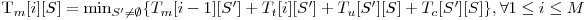  $T_m[i][S] = \min_{S' \neq \emptyset} \{T_m[i-1][S'] + T_t[i][S'] + T_u[S'][S] + T_c[S'][S]\}, \forall 1 \le i \le M$ 