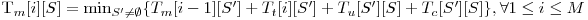  $T_m[i][S] = \min_{S' \neq \emptyset} \{T_m[i-1][S'] + T_t[i][S'] + T_u[S'][S] + T_c[S'][S]\}, \forall 1 \le i \le M$ 