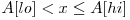 A[lo] < x \le A[hi] 