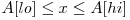 A[lo] \le x \le A[hi] 