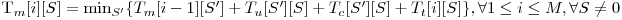  $T_m[i][S] = \min_{S'} \{T_m[i-1][S'] + T_u[S'][S] + T_c[S'][S] + T_t[i][S] \}, \forall 1 \le i \le M, \forall S \neq 0$ 