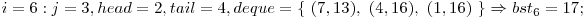  i = 6: j = 3, head = 2, tail = 4, deque = \{\ (7, 13),\ (4, 16),\ (1, 16)\ \} \Rightarrow bst_{6} = 17; 