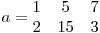   a = \begin{matrix}
1 & 5 & 7 \
2 & 15 & 3
\end{matrix}
