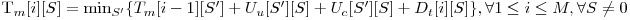  $T_m[i][S] = \min_{S'} \{T_m[i-1][S'] + U_u[S'][S] + U_c[S'][S] + D_t[i][S] \}, \forall 1 \le i \le M, \forall S \neq 0$ 