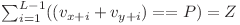  $$\sum_{i=1}^{L-1}  ( (v_{x+i} + v_{y+i}) == P ) = Z$$ 