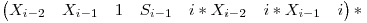 \begin{pmatrix} X_{i-2} & X_{i-1} & 1 & S_{i-1} & i*X_{i-2} & i*X_{i-1}& i \end{pmatrix} *
