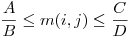  \dfrac{A}{B} \le m(i, j) \le \dfrac{C}{D} 