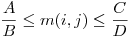  \dfrac{A}{B} \le m(i, j) \le \dfrac{C}{D} 