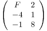 \[ \left( \begin{array}{cc}F & 2 \-4 & 1 \-1 & 8 \end{array} \right)\]