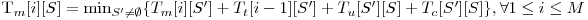  $T_m[i][S] = \min_{S' \neq \emptyset} \{T_m[i][S'] + T_t[i-1][S'] + T_u[S'][S] + T_c[S'][S]\}, \forall 1 \le i \le M$ 