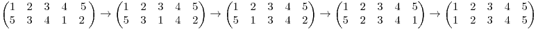 \begin{pmatrix}
1 & 2 &3 & 4 & 5\\
5 & 3 &4 & 1 & 2\
\end{pmatrix}
\rightarrow
\begin{pmatrix}
1 & 2 & 3 & 4 & 5\\
5 & 3 & 1 & 4 & 2
\end{pmatrix}
\rightarrow
\begin{pmatrix}
1 & 2 & 3 & 4 & 5\\
5 & 1 & 3 &4 & 2
\end{pmatrix}
\rightarrow
\begin{pmatrix}
1 & 2 &3 & 4 & 5\\
5 & 2 & 3 & 4 & 1
\end{pmatrix}
\rightarrow
\begin{pmatrix}
1 & 2 &3 & 4 &5 \\
1 & 2 & 3 & 4 & 5
\end{pmatrix} \begin{pmatrix}
1 & 2 &3 & 4 & 5\\
5 & 3 &4 & 1 & 2\
\end{pmatrix}
\rightarrow
\begin{pmatrix}
1 & 2 & 3 & 4 & 5\\
5 & 3 & 1 & 4 & 2
\end{pmatrix}
\rightarrow
\begin{pmatrix}
1 & 2 & 3 & 4 & 5\\
5 & 1 & 3 &4 & 2
\end{pmatrix}
\rightarrow
\begin{pmatrix}
1 & 2 &3 & 4 & 5\\
5 & 2 & 3 & 4 & 1
\end{pmatrix}
\rightarrow
\begin{pmatrix}
1 & 2 &3 & 4 &5 \\
1 & 2 & 3 & 4 & 5
\end{pmatrix}