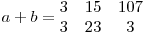 
a + b = \begin{matrix}
3 & 15 & 107 \
3 & 23 & 3
\end{matrix}
