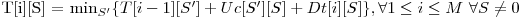  $T[i][S] = \min_{S'} \{T[i-1][S'] + Uc[S'][S] + Dt[i][S] \}, \forall 1 \le i \le M$ \forall S \neq 0$ 