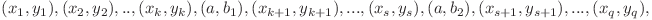  (x_1, y_1), (x_2, y_2), .., (x_k, y_k), (a, b_1), (x_{k+1}, y_{k+1}), ..., (x_s, y_s), (a, b_2), (x_{s+1}, y_{s+1}), ..., (x_q, y_q),