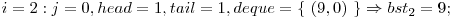  i = 2: j = 0, head = 1, tail = 1, deque = \{\ (9, 0)\ \} \Rightarrow bst_{2} = 9; 