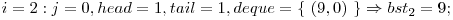  i = 2: j = 0, head = 1, tail = 1, deque = \{\ (9, 0)\ \} \Rightarrow bst_{2} = 9; 