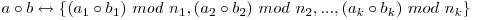 a \circ b \leftrightarrow \{(a_{1} \circ b_{1})\ mod\ n_{1} , ( a_{2}\circ b_{2})\ mod\ n_{2}, ..., (a_{k} \circ b_{k})\ mod\ n_{k}\}