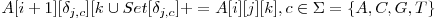 A[i + 1][\delta_{j,c}][k \cup  Set[\delta_{j,c}] += A[i][j][k], c \in \Sigma = \{A, C, G, T\}