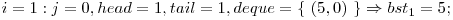  i = 1: j = 0, head = 1, tail = 1, deque = \{\ (5, 0)\ \} \Rightarrow bst_{1} = 5; 