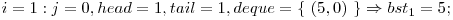  i = 1: j = 0, head = 1, tail = 1, deque = \{\ (5, 0)\ \} \Rightarrow bst_{1} = 5; 