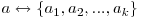 a \leftrightarrow \{a_{1}, a_{2}, ..., a_{k}\}