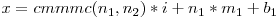 x = cmmmc(n_1, n_2) * i + n_1 * m_1 + b_1