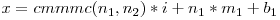 x = cmmmc(n_1, n_2) * i + n_1 * m_1 + b_1