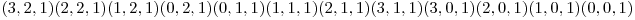 (3,2,1) (2,2,1) (1,2,1) (0,2,1) (0,1,1) (1,1,1) (2,1,1) (3,1,1) (3,0,1) (2,0,1) (1,0,1) (0,0,1)