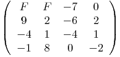 \[ \left( \begin{array}{cccc}F & F & -7 & 0 \\9 & 2 & -6 & 2 \\-4 & 1 & -4 & 1 \\-1 & 8 & 0 & -2 \end{array} \right)\]