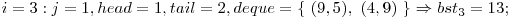  i = 3: j = 1, head = 1, tail = 2, deque = \{\ (9, 5),\ (4, 9)\ \} \Rightarrow bst_{3} = 13; 