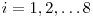  i = 1, 2, \ldots 8 