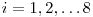  i = 1, 2, \ldots 8 